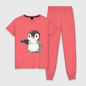 Женская пижама хлопок с принтом Пингвин с пистолетом , 100% хлопок | брюки и футболка прямого кроя, без карманов, на брюках мягкая резинка на поясе и по низу штанин | 