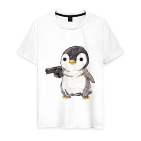 Мужская футболка хлопок с принтом Пингвин с пистолетом , 100% хлопок | прямой крой, круглый вырез горловины, длина до линии бедер, слегка спущенное плечо. | 