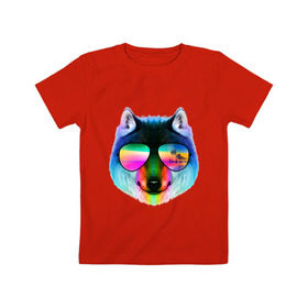 Детская футболка хлопок с принтом Радужный волк , 100% хлопок | круглый вырез горловины, полуприлегающий силуэт, длина до линии бедер | волк | галюцинация | иллюзия | море | океан | остров | очки | пальма | пляж | радуга