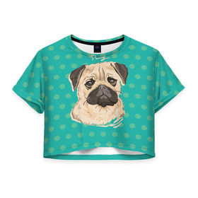 Женская футболка 3D укороченная с принтом Мопсик , 100% полиэстер | круглая горловина, длина футболки до линии талии, рукава с отворотами | dog | pug | арт | животное | кружочки | мопс | пес | собака | текстура