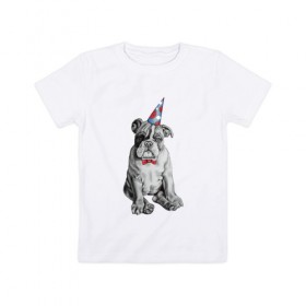 Детская футболка хлопок с принтом праздничный бульдог , 100% хлопок | круглый вырез горловины, полуприлегающий силуэт, длина до линии бедер | dog | happy | бабочка | бульдог | день рождение | дог | собака