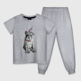 Детская пижама хлопок с принтом праздничный бульдог , 100% хлопок |  брюки и футболка прямого кроя, без карманов, на брюках мягкая резинка на поясе и по низу штанин
 | dog | happy | бабочка | бульдог | день рождение | дог | собака