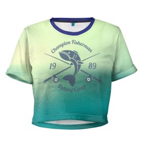 Женская футболка 3D укороченная с принтом Champion Fisherman , 100% полиэстер | круглая горловина, длина футболки до линии талии, рукава с отворотами | baitbest | bottom | driftwood | fisherman | fishing | fishwaterhook | pike | river | вода | дно | коряга | крючок | лучший рыбак | наживка | река | рыба | рыбалка | щука