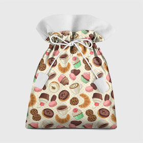 Подарочный 3D мешок с принтом Радости и сладости 3 , 100% полиэстер | Размер: 29*39 см | глазурь | завтрак | кекс | кофе | крем | круасан | макарон | настроение | паттерн | печенье | пончик | радости | сладости | торт