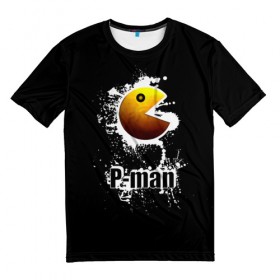 Мужская футболка 3D с принтом P-man , 100% полиэфир | прямой крой, круглый вырез горловины, длина до линии бедер | брызги | видеоигра | глаз | голова | желтый | игра | игровой автомат | капли | надпись | пакман | пожиратель | приставка | рот | старая