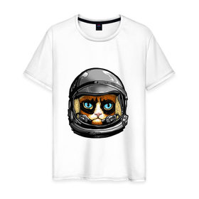 Мужская футболка хлопок с принтом Кот космонавт , 100% хлопок | прямой крой, круглый вырез горловины, длина до линии бедер, слегка спущенное плечо. | 