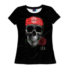 Женская футболка 3D с принтом Череп с розой , 100% полиэфир ( синтетическое хлопкоподобное полотно) | прямой крой, круглый вырез горловины, длина до линии бедер | пираты | повязка | роза | романтика | скелет | череп