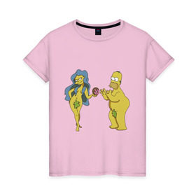Женская футболка хлопок с принтом Симпсоны , 100% хлопок | прямой крой, круглый вырез горловины, длина до линии бедер, слегка спущенное плечо | bart | homer | love | simpsons | адам | барт | гомер | ева | любовь | мульт | мультфильм | пончик | симпсоны