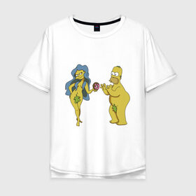 Мужская футболка хлопок Oversize с принтом Симпсоны , 100% хлопок | свободный крой, круглый ворот, “спинка” длиннее передней части | bart | homer | love | simpsons | адам | барт | гомер | ева | любовь | мульт | мультфильм | пончик | симпсоны
