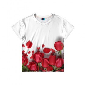 Детская футболка 3D с принтом Розы , 100% гипоаллергенный полиэфир | прямой крой, круглый вырез горловины, длина до линии бедер, чуть спущенное плечо, ткань немного тянется | flowers | gift | hearts | love | red | romantic | roses | valentines day | красные розы | сердечки