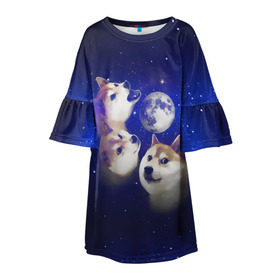 Детское платье 3D с принтом Космопес Хатико , 100% полиэстер | прямой силуэт, чуть расширенный к низу. Круглая горловина, на рукавах — воланы | акита ину | взгляд | голова | звезды | космос | лай | луна | мем | пасть | пес | собака | хатико