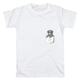 Мужская футболка хлопок с принтом Карман , 100% хлопок | прямой крой, круглый вырез горловины, длина до линии бедер, слегка спущенное плечо. | Тематика изображения на принте: дог | карман | собака | щенок