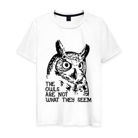 Мужская футболка хлопок с принтом Twin Peaks Owl , 100% хлопок | прямой крой, круглый вырез горловины, длина до линии бедер, слегка спущенное плечо. | Тематика изображения на принте: животные | надпись | птицы | сериал | сова | твин пикс | фильмы