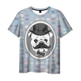 Мужская футболка 3D с принтом Mr. Pug , 100% полиэфир | прямой крой, круглый вырез горловины, длина до линии бедер | animal | dog | pet | pug | puppy | swag | арт | джентльмен | животные | кружочки | мопс | мопсик | пес | собаки | текстура | усы | хипстер