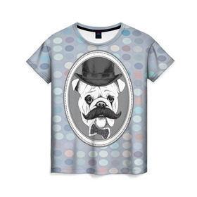 Женская футболка 3D с принтом Mr. Pug , 100% полиэфир ( синтетическое хлопкоподобное полотно) | прямой крой, круглый вырез горловины, длина до линии бедер | animal | dog | pet | pug | puppy | swag | арт | джентльмен | животные | кружочки | мопс | мопсик | пес | собаки | текстура | усы | хипстер