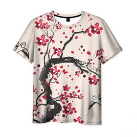 Мужская футболка 3D с принтом Сакура , 100% полиэфир | прямой крой, круглый вырез горловины, длина до линии бедер | вишня | дерево | зима | красный | новинки | птицы | черный | япония