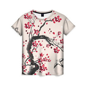 Женская футболка 3D с принтом Сакура , 100% полиэфир ( синтетическое хлопкоподобное полотно) | прямой крой, круглый вырез горловины, длина до линии бедер | Тематика изображения на принте: вишня | дерево | зима | красный | новинки | птицы | черный | япония