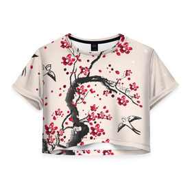 Женская футболка 3D укороченная с принтом Сакура , 100% полиэстер | круглая горловина, длина футболки до линии талии, рукава с отворотами | Тематика изображения на принте: вишня | дерево | зима | красный | новинки | птицы | черный | япония