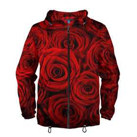 Мужская ветровка 3D с принтом Красные розы , 100% полиэстер | подол и капюшон оформлены резинкой с фиксаторами, два кармана без застежек по бокам, один потайной карман на груди | Тематика изображения на принте: букет | красный | розы | цветы