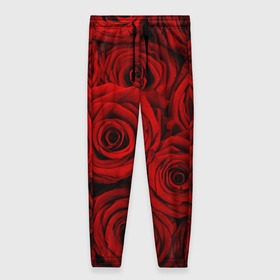 Женские брюки 3D с принтом Красные розы , полиэстер 100% | прямой крой, два кармана без застежек по бокам, с мягкой трикотажной резинкой на поясе и по низу штанин. В поясе для дополнительного комфорта — широкие завязки | букет | красный | розы | цветы