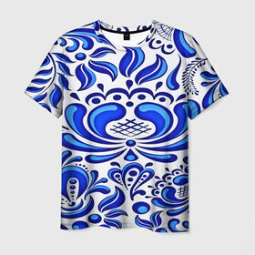 Мужская футболка 3D с принтом Роспись гжель , 100% полиэфир | прямой крой, круглый вырез горловины, длина до линии бедер | народный | орнамент | роспись | традиционный