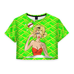Женская футболка 3D укороченная с принтом BOOM! , 100% полиэстер | круглая горловина, длина футболки до линии талии, рукава с отворотами | pop art | девушки | квадратики | полосы | поп арт | ретро | текстура