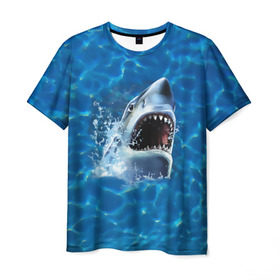 Мужская футболка 3D с принтом Пасть акулы , 100% полиэфир | прямой крой, круглый вырез горловины, длина до линии бедер | акула | атака | белая | брызги | вода | волны | зубы | капли | море | океан | опасность | синяя | челюсти | эффект