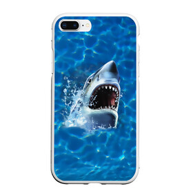 Чехол для iPhone 7Plus/8 Plus матовый с принтом Пасть акулы , Силикон | Область печати: задняя сторона чехла, без боковых панелей | акула | атака | белая | брызги | вода | волны | зубы | капли | море | океан | опасность | синяя | челюсти | эффект