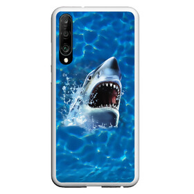 Чехол для Honor P30 с принтом Пасть акулы , Силикон | Область печати: задняя сторона чехла, без боковых панелей | акула | атака | белая | брызги | вода | волны | зубы | капли | море | океан | опасность | синяя | челюсти | эффект