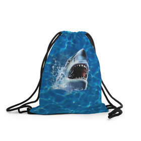 Рюкзак-мешок 3D с принтом Пасть акулы , 100% полиэстер | плотность ткани — 200 г/м2, размер — 35 х 45 см; лямки — толстые шнурки, застежка на шнуровке, без карманов и подкладки | акула | атака | белая | брызги | вода | волны | зубы | капли | море | океан | опасность | синяя | челюсти | эффект