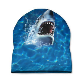 Шапка 3D с принтом Пасть акулы , 100% полиэстер | универсальный размер, печать по всей поверхности изделия | акула | атака | белая | брызги | вода | волны | зубы | капли | море | океан | опасность | синяя | челюсти | эффект