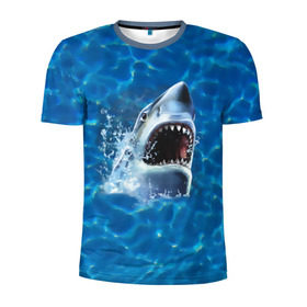 Мужская футболка 3D спортивная с принтом Пасть акулы , 100% полиэстер с улучшенными характеристиками | приталенный силуэт, круглая горловина, широкие плечи, сужается к линии бедра | акула | атака | белая | брызги | вода | волны | зубы | капли | море | океан | опасность | синяя | челюсти | эффект