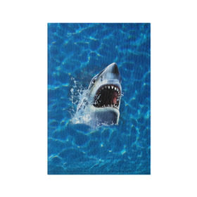 Обложка для паспорта матовая кожа с принтом Пасть акулы , натуральная матовая кожа | размер 19,3 х 13,7 см; прозрачные пластиковые крепления | акула | атака | белая | брызги | вода | волны | зубы | капли | море | океан | опасность | синяя | челюсти | эффект