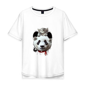 Мужская футболка хлопок Oversize с принтом Панда и котенок , 100% хлопок | свободный крой, круглый ворот, “спинка” длиннее передней части | cat | panda | добро | друг | животные | кот | котенок | кошка | лучший | медведь | милый | мишка | нежный | панда