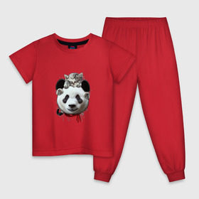 Детская пижама хлопок с принтом Панда и котенок , 100% хлопок |  брюки и футболка прямого кроя, без карманов, на брюках мягкая резинка на поясе и по низу штанин
 | Тематика изображения на принте: cat | panda | добро | друг | животные | кот | котенок | кошка | лучший | медведь | милый | мишка | нежный | панда
