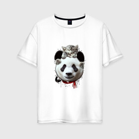 Женская футболка хлопок Oversize с принтом Панда и котенок , 100% хлопок | свободный крой, круглый ворот, спущенный рукав, длина до линии бедер
 | cat | panda | добро | друг | животные | кот | котенок | кошка | лучший | медведь | милый | мишка | нежный | панда