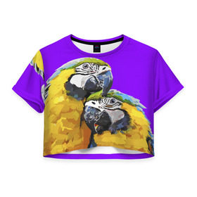 Женская футболка 3D укороченная с принтом Попугайчики , 100% полиэстер | круглая горловина, длина футболки до линии талии, рукава с отворотами | Тематика изображения на принте: bird | животные | попугайчики | птицы | текстуры