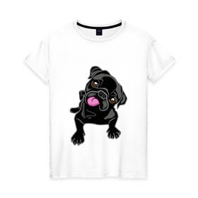 Женская футболка хлопок с принтом Забавный мопсик , 100% хлопок | прямой крой, круглый вырез горловины, длина до линии бедер, слегка спущенное плечо | Тематика изображения на принте: animal | dog | pet | pug | puppy | арт | животные | милые | мопс | пес | собаки | французский бульдог