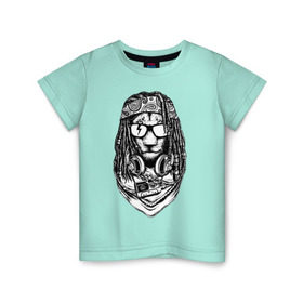 Детская футболка хлопок с принтом Лев растаман , 100% хлопок | круглый вырез горловины, полуприлегающий силуэт, длина до линии бедер | reggae | бандана | брейды | дреды | музыка | наушники | очки | платок | повязка | регги