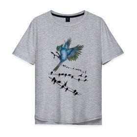 Мужская футболка хлопок Oversize с принтом Ласточка , 100% хлопок | свободный крой, круглый ворот, “спинка” длиннее передней части | весна | колибри | крылья | мызыка | ноты | пение | перо | перышко | перья