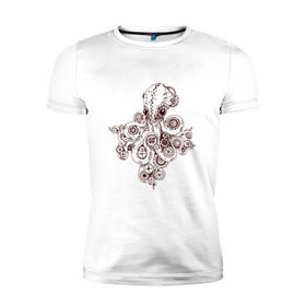 Мужская футболка премиум с принтом Steampunk octopus , 92% хлопок, 8% лайкра | приталенный силуэт, круглый вырез ворота, длина до линии бедра, короткий рукав | gear | octopus | sea | steampunk | арт | осьминог | стимпанк | шестеренка