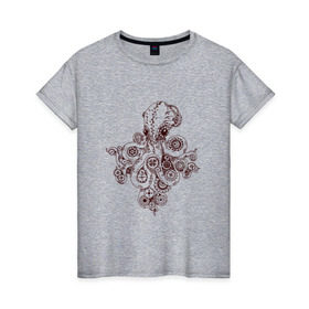 Женская футболка хлопок с принтом Steampunk octopus , 100% хлопок | прямой крой, круглый вырез горловины, длина до линии бедер, слегка спущенное плечо | gear | octopus | sea | steampunk | арт | осьминог | стимпанк | шестеренка