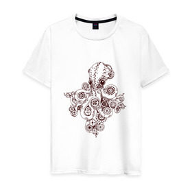 Мужская футболка хлопок с принтом Steampunk octopus , 100% хлопок | прямой крой, круглый вырез горловины, длина до линии бедер, слегка спущенное плечо. | Тематика изображения на принте: gear | octopus | sea | steampunk | арт | осьминог | стимпанк | шестеренка