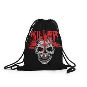 Рюкзак-мешок 3D с принтом Killer , 100% полиэстер | плотность ткани — 200 г/м2, размер — 35 х 45 см; лямки — толстые шнурки, застежка на шнуровке, без карманов и подкладки | Тематика изображения на принте: blood | dead | death | drops | fear | halloween | happy | holiday | killer | red | skull | splashes | брызги | капли | красный | кровь | мертвый | праздник | счастливый | хэллоуин | череп