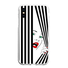 Чехол для iPhone XS Max матовый с принтом Pop art girl , Силикон | Область печати: задняя сторона чехла, без боковых панелей | Тематика изображения на принте: abstraction | background | band | black and white | fashion | girl | hair | pop art | silhouette | style | абстракция | девушка | мода | полосы | поп  арт | прическа | силуэт | стиль | фон | черно  белый