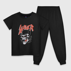 Детская пижама хлопок с принтом Slayer череп , 100% хлопок |  брюки и футболка прямого кроя, без карманов, на брюках мягкая резинка на поясе и по низу штанин
 | Тематика изображения на принте: slayer | группа | гэри холт | злость | зубы | каска | керри кинг | кости | метал | музыка | песни | пол бостаф | рок | слеар | слеер | слеяр | том арайа | трэш метал | тяжелый рок | хеви метал | язык