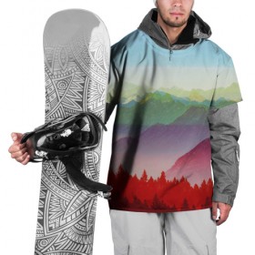 Накидка на куртку 3D с принтом Радужный пейзаж , 100% полиэстер |  | горы | деревья | дождь | лес | массив | небо | природа | рельеф | скалы | яркий