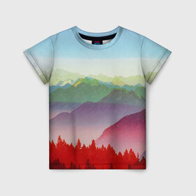 Детская футболка 3D с принтом Радужный пейзаж , 100% гипоаллергенный полиэфир | прямой крой, круглый вырез горловины, длина до линии бедер, чуть спущенное плечо, ткань немного тянется | горы | деревья | дождь | лес | массив | небо | природа | рельеф | скалы | яркий