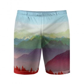 Мужские шорты 3D спортивные с принтом Радужный пейзаж ,  |  | горы | деревья | дождь | лес | массив | небо | природа | рельеф | скалы | яркий