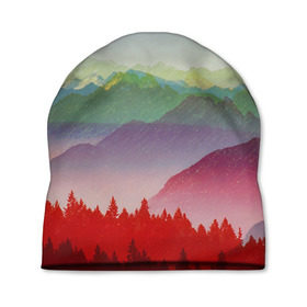 Шапка 3D с принтом Радужный пейзаж , 100% полиэстер | универсальный размер, печать по всей поверхности изделия | горы | деревья | дождь | лес | массив | небо | природа | рельеф | скалы | яркий